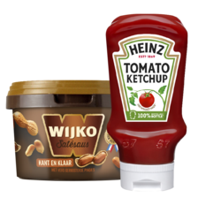 Wijko satésaus kant en klaar
beker à 520 gram of Heinz ketchup,
50% of zero fles à 400-435 gram/ml